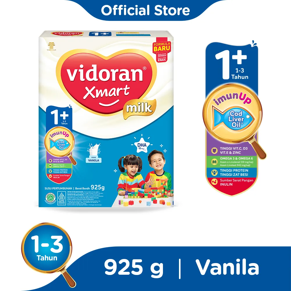 1 DUS ISI 12 VIDORAN XMART 1+ SUSU PERTUMBUHAN VANILLA BOX 925g