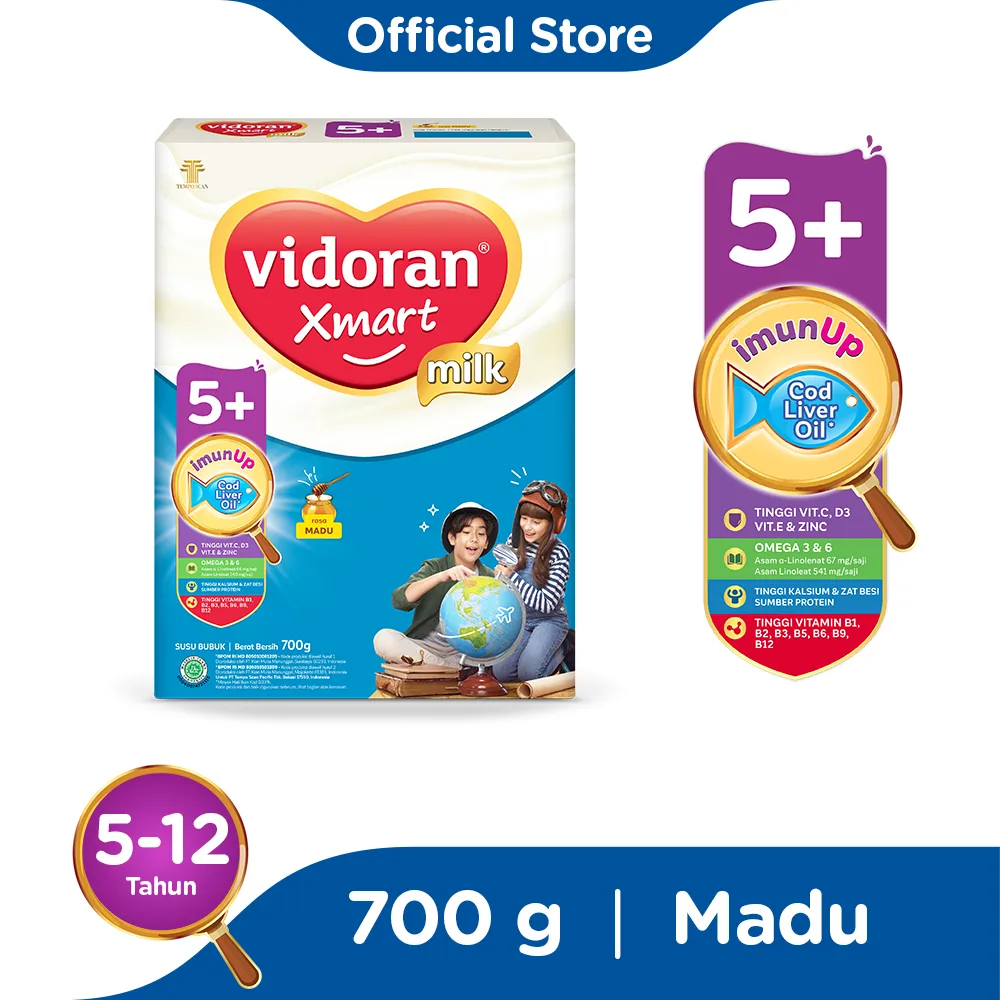 1 DUS ISI 12 VIDORAN XMART 5+ SUSU PERTUMBUHAN MADU BOX 700g
