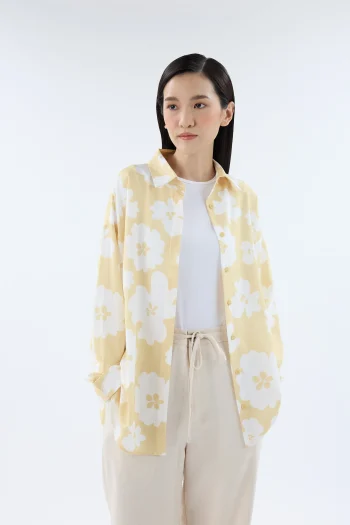 Kemeja Oversize | Fiora Butter Yellow Printed Oversized Shirt | MM03