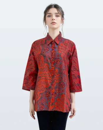 Blouse Batik Lengan Panjang Lengko Manggar Kerah – Merah