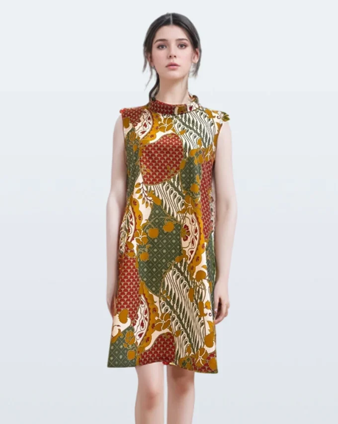 Dress Batik Danar Hadi Tambal Sri Wedari Kerah Lingkar Bulat – Hijau