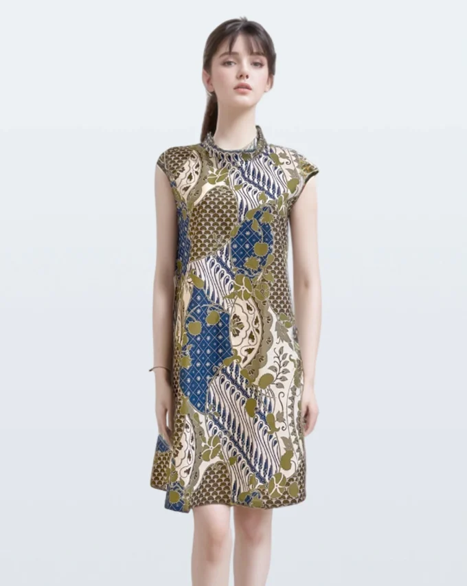 Dress Batik Danar Hadi Tambal Sri Wedari Kerah Lingkar Bulat – Biru
