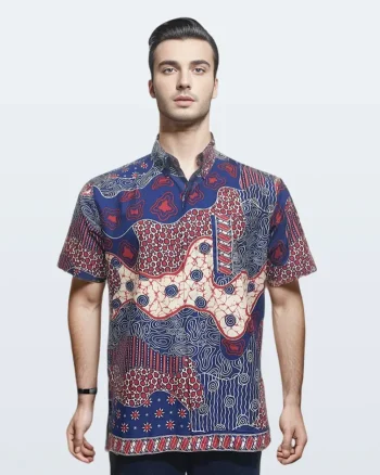 Kemeja Batik Lengan Pendek Sekar Jagad Modern Vertikal Merah