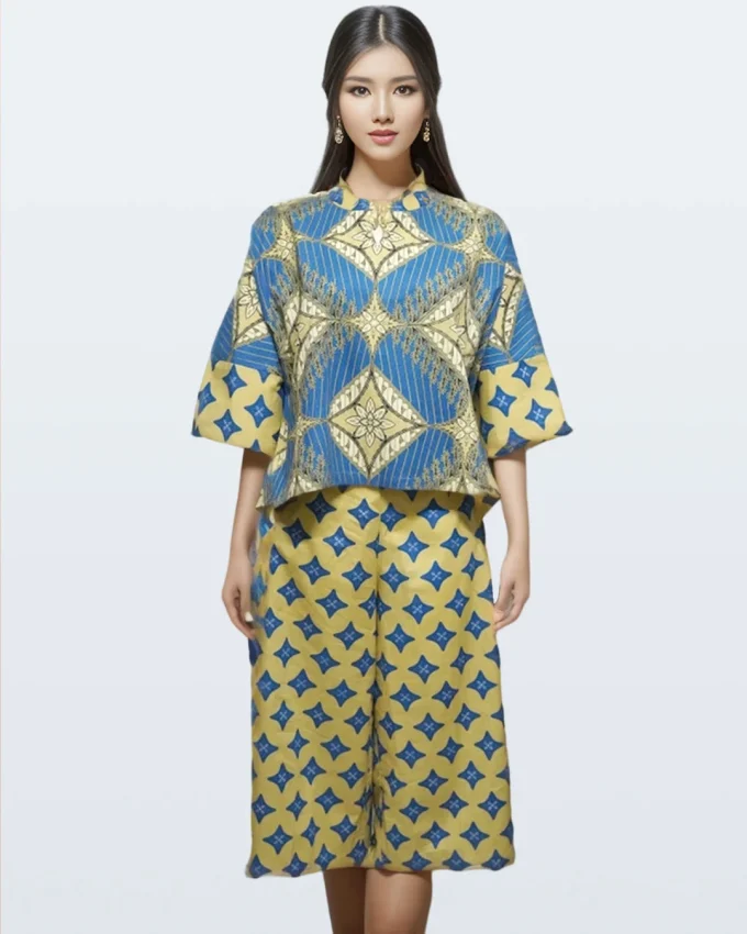 Blouse Batik 1 Set Top & Bottom Sisi Wajik Biru
