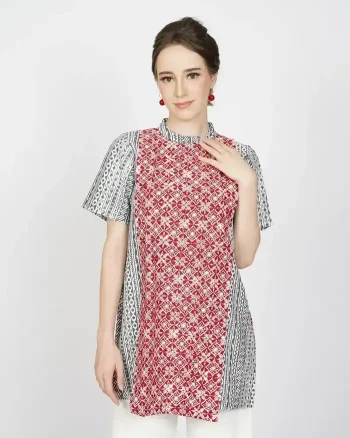 Days Blouse PE Tunik Katun Cap Ethnic Liris Mono A Klir Red-Gray