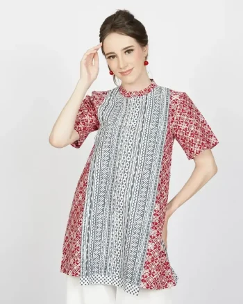 Days Blouse PE Tunik Katun Cap Ethnic Liris Mono A Gray-Red