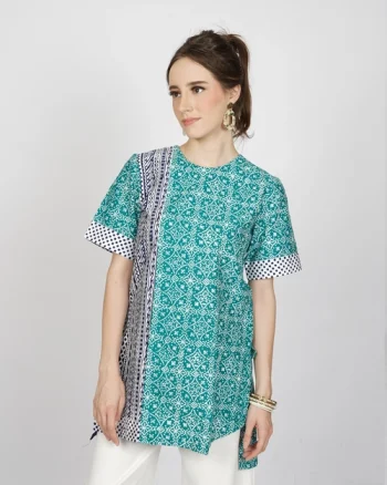 Tunik Batik Wanita | Days Blouse PE Tunik Katun Cap Ethnic Liris Mono B Hijau Lengan Biru