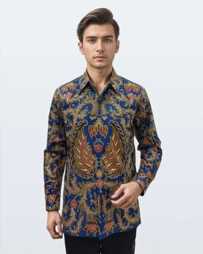 Kemeja Batik Lengan Panjang Gurdo Latar Rambat – Biru