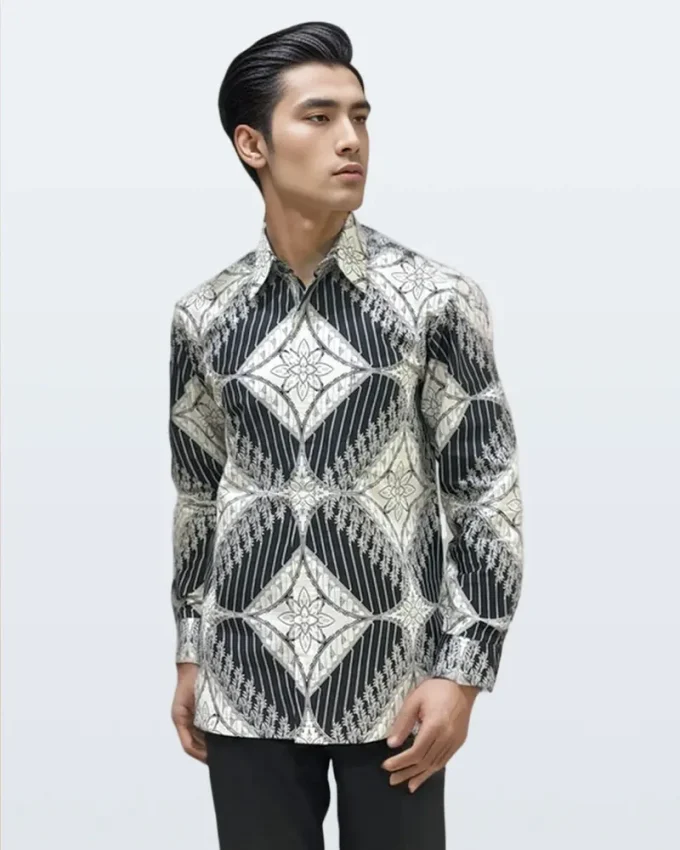 Kemeja Batik Lengan Panjang Sisi Wajik Hitam