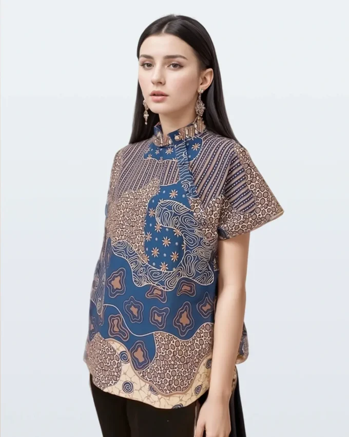 Blouse Batik Wanita | Days By Danar Hadi Blouse – Sekar Jagad Modern Biru - Gambar 3