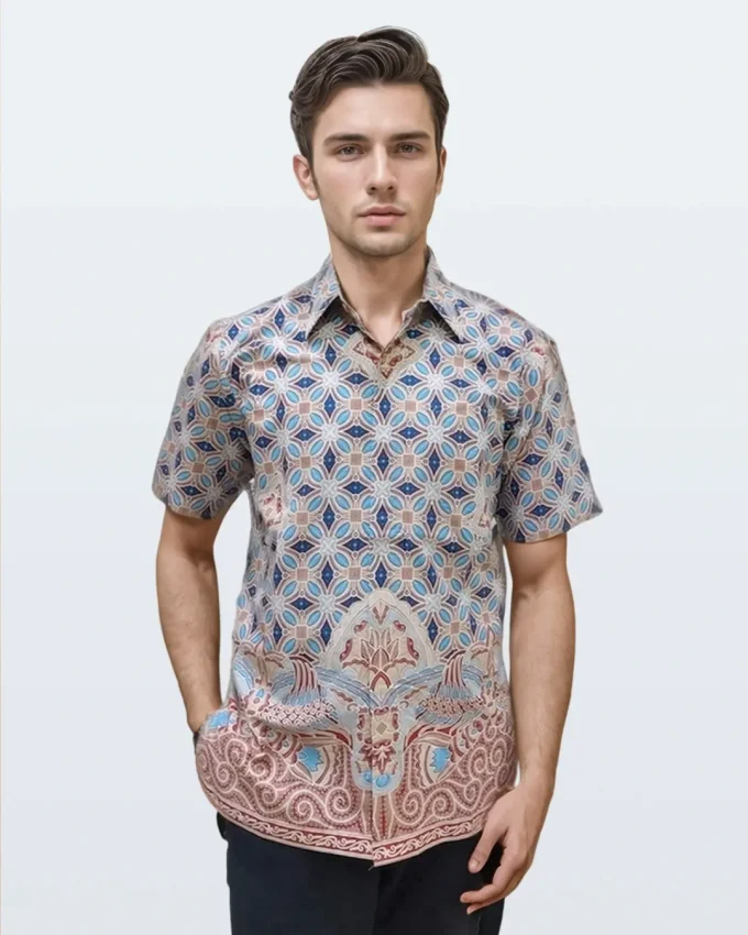 Kemeja Batik Lengan Pendek Kawung Gaya Baru Merah