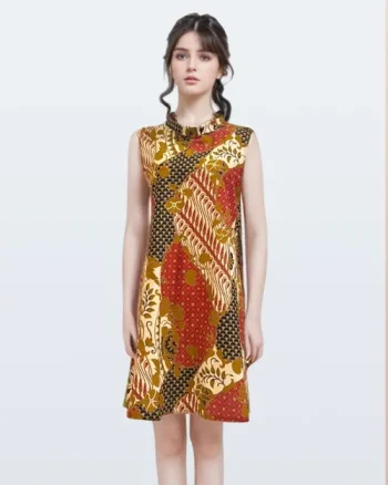 Dress Batik Danar Hadi Tambal Sri Wedari Kerah Lingkar Bulat – Merah