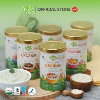 Nayz Bubur Tim Kaleng dibuat dengan Beras dan Sayuran Organik yang diperkaya dengan kandungan Omega 3. Selain itu bubur Tim Kaleng Nayz juga bebas kolestrol dan juga rendah natrium, memudahkan ibu untuk memenuhi gizi si Kecil mulai dari usia 12 bulan. Tersedia dalam 6 varian rasa: 1. Rasa Ayam 2. Rasa Sapi 3. Rasa Hati Sapi (Mengandung susu) 4. Rasa Kakap 5. Rasa Salmon 6. Rasa Tuna (Mengandung Susu) Cara memasak: Dengan Kompor: 1. Rebus 500 ml air untuk bubur atau 350 untuk nasi tim 2. Masukan 4 sendok makan atau 50 g bubur beras Nayz kedalam air yang sudah mendidih 3. Masak dengan api kecil selama 30 Menit 4. Bubur beras Nayz siap disajikan Dengan Slowcooker : 1. Siapkan 250 ml air dan masukan ke dalam slowcooker 2. Masukan 50 g atau 4 sendok makan bubur Nayz kedalam slowcooker 3. Masak selama 2-3 jam 4. Bubur tim Nayz siap disajikan Note: Moms bisa menambahkan air jika dirasa bubur Nayz belum matang sempurna Cara Penyimpanan: - Harap simpan beras Nayz yang sudah dibuka di dalam wadah yang kedap udara dan simpan di kulkas - Beras Nayz yang sudah di buka harus cepat dihabiskan, penyimpanan maksimal 7 hari setelah kemasan dibuka