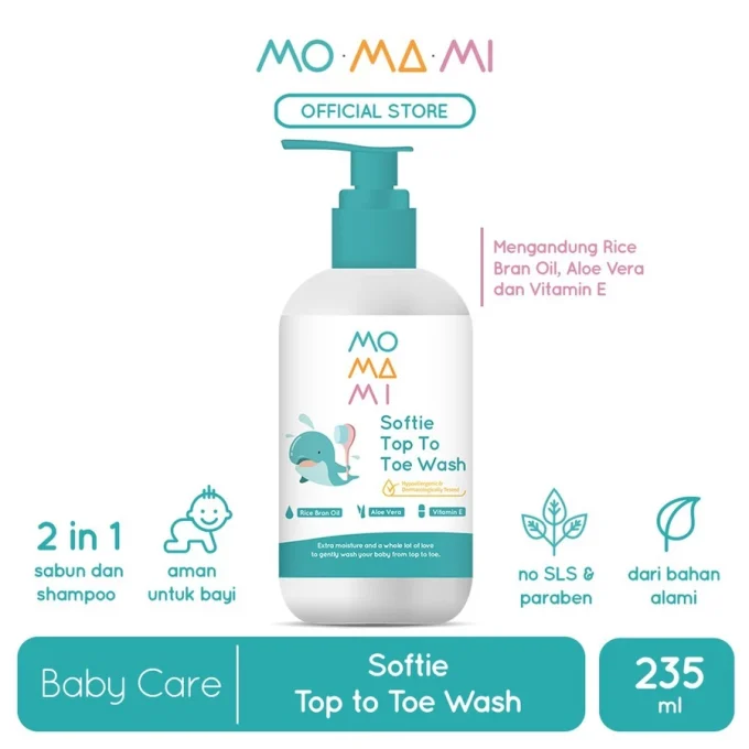 "Momami Softie Top to Toe Wash 235ml merupakan 2 in 1 Liquid Shampoo & Shower yang mengandung formula ringan dan lembut, sehingga dapat menjaga sensitivitas kulit bayi. Berfungsi juga sebagai vitamin alami untuk menjaga kesehatan kulit kepala dan merangsang pertumbuhan rambut bayi. High point: Telah melalui uji Hypoallergenic & Dermatologically tested, Non-Irritant. Mengandung Rice Bran Oil, Aloe Vera dan Vit.E. Tersertifikasi HALAL. How to use/ Cara penggunaan: Wet hair and body, squeeze the Softie top to toe wash onto shower puff of directly onto hands, then rub gently. Rinse thoroughly. Basahi rambut dan badan, keluarkan Softie top to toe wash pada spons mandi atau langsung pada telapak tangan, lalu usapkan secara perlahan ke area kepala hingga ujung kaki. Kemudian bilas hingga bersih. Caution/ Peringatan: For External use only. Use under adult supervision. Discontinue use and consult a doctor if irritation occurs. Hanya untuk pemakaian luar. Gunakan dibawah pengawasan orang dewasa. Hentikan penggunaan dan konsultasikan dengan dokter jika terjadi iritasi." Momami Sweet Hair Serum diformulasikan secara khusus untuk kulit kepala dan rambut bayi, melembutkan dan membuat rambut si kecil berkilau. - Mencegah rambut bayi menjadi kusut. - Membantu menstimulasi pertumbuhan rambut bayi. - Tidak menggunakan Alcohol. - Halal. - Memiliki wangi segar yang sama seperti MO.MA.MI Softie Top To Toe Wash. - Botol dengan sprayer satu titik sehingga tepat sasaran saat digunakan pada kulit kepala bayi. Sweet Hair Serum diperkaya dengan: Argan Oil: mengandung Vitamin A, E, dan Omega 6 untuk melembutkan dan memperkuat akar rambut, serta menambah kilau pada rambut bayi. Green Tea Extract: Mengandung antioksidan yang baik bagi kulit kepala bayi dan membantu pertumbuhan rambut bayi. Aloe Vera: meningkatkan pertumbuhan rambut dan membuat rambut bayi lebih tebal. Guar Hydroxypropyltrimonium Chloride: berasal dari kacang guar yang berfungsi sebagai detangler rambut (membantu meluruskan rambut si kecil yang kusut dan melembutkan helai rambut).